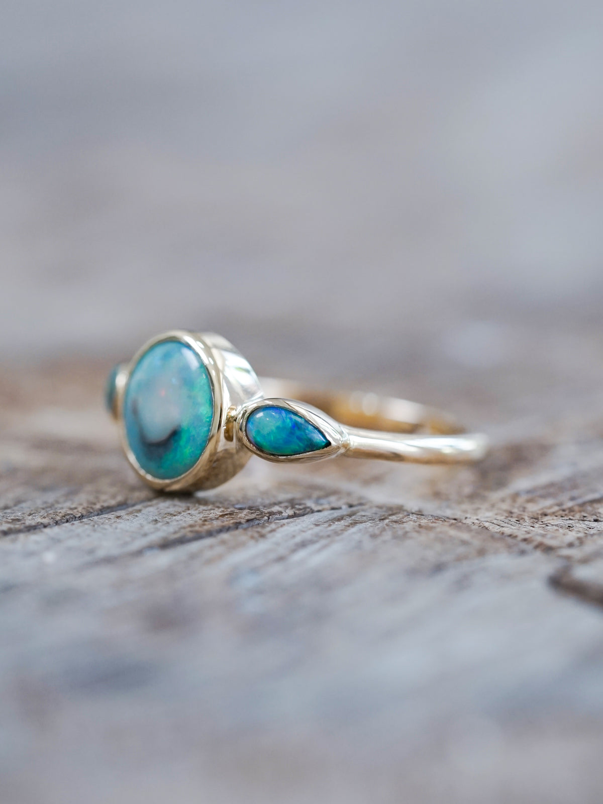 Three Stone Opal Ring in Ethical Gold - Gardens of the Sun | Ethical Jewelry