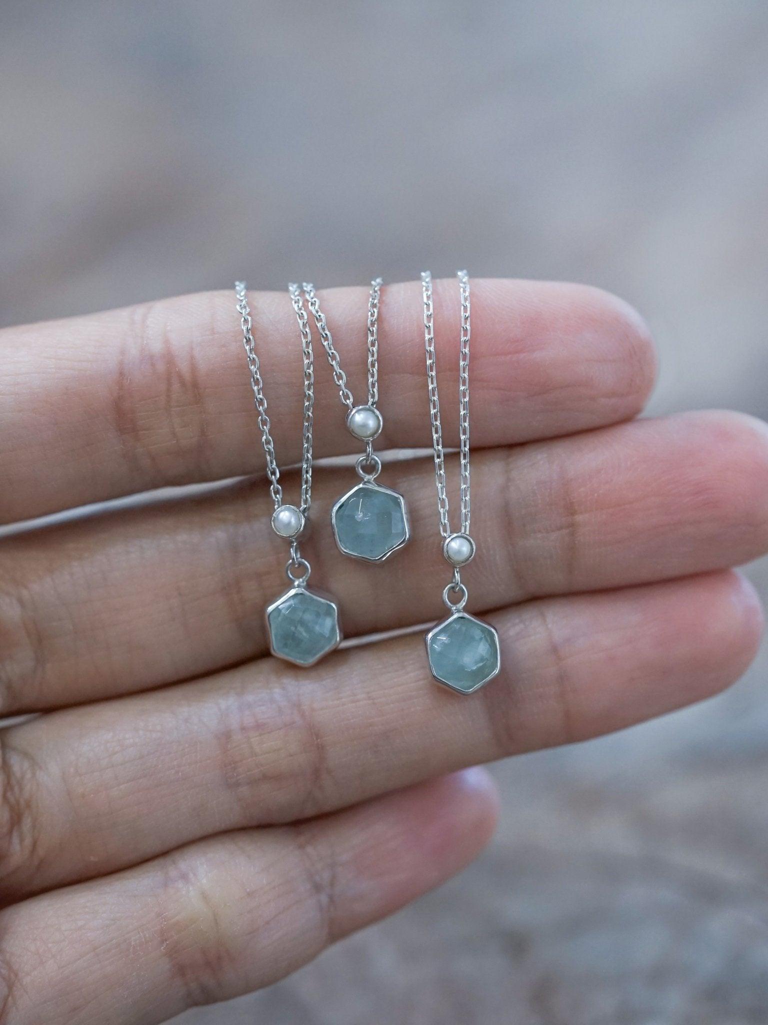 Unique Aquamarine and Pearl Coin Necklace in Gilded 2024 Sterling Silver