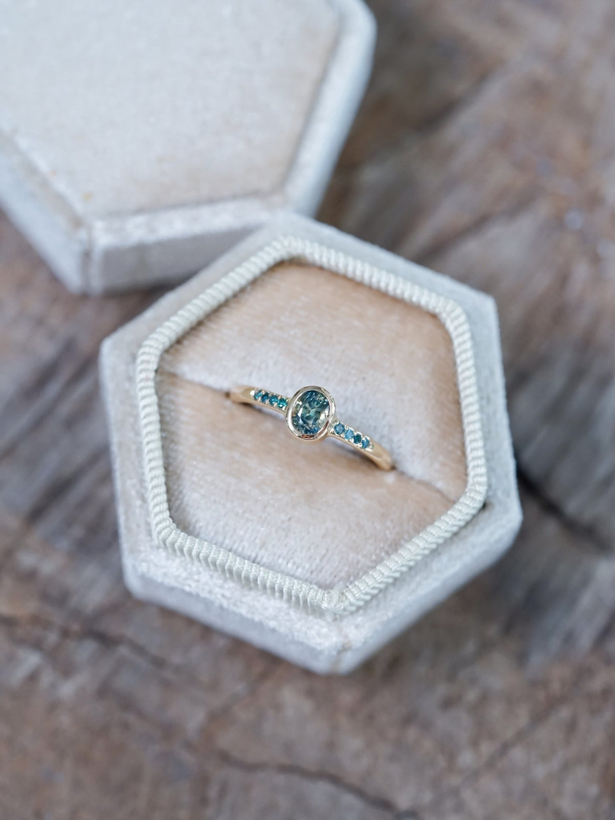 Bicolor Sapphire and Blue Diamond Ring in Ethical Gold - Gardens of the Sun | Ethical Jewelry