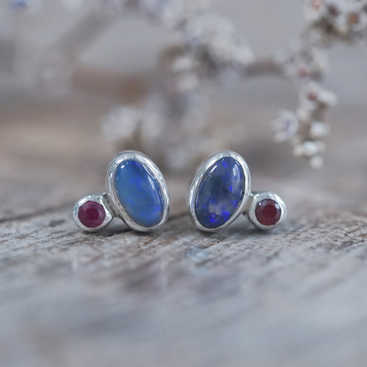 Black Opal and Ruby Earrings - Gardens of the Sun | Ethical Jewelry