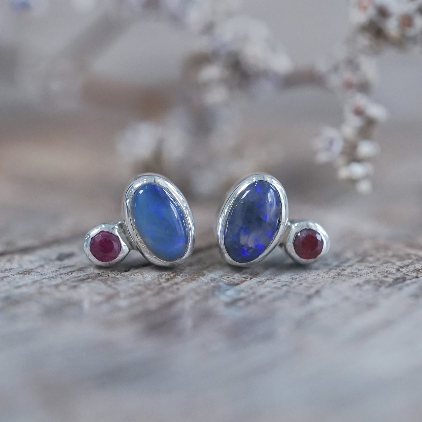 Black Opal and Ruby Earrings - Gardens of the Sun | Ethical Jewelry