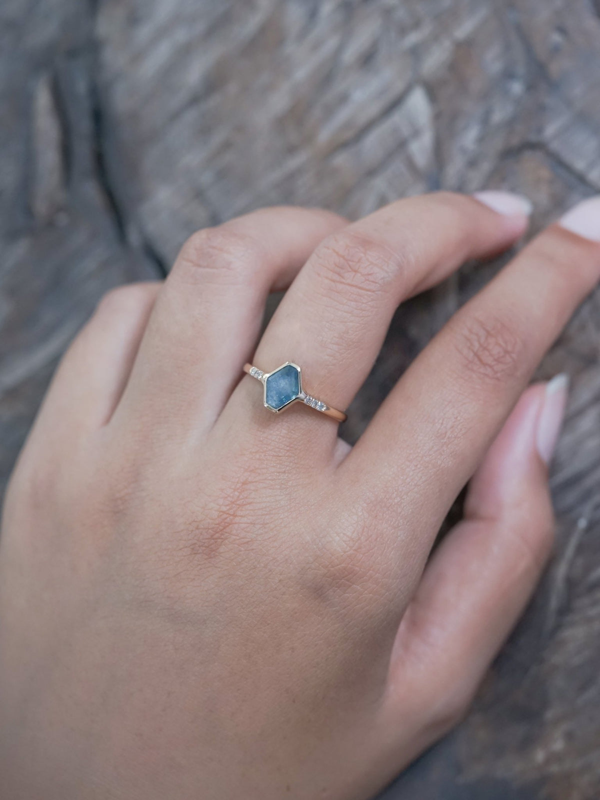 Blue Hexagon Sapphire Ring in Ethical Gold - Gardens of the Sun | Ethical Jewelry