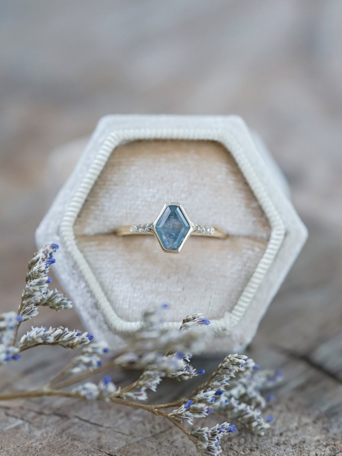 Blue Hexagon Sapphire Ring in Ethical Gold - Gardens of the Sun | Ethical Jewelry