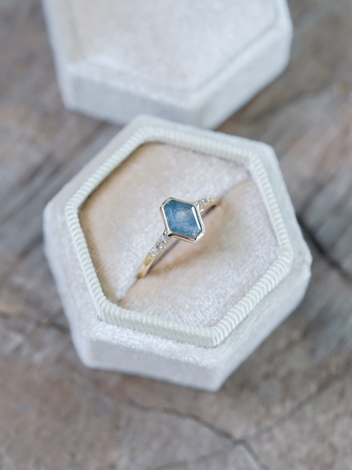 Blue Hexagon Sapphire Ring in Ethical Gold - Gardens of the Sun | Ethical Jewelry