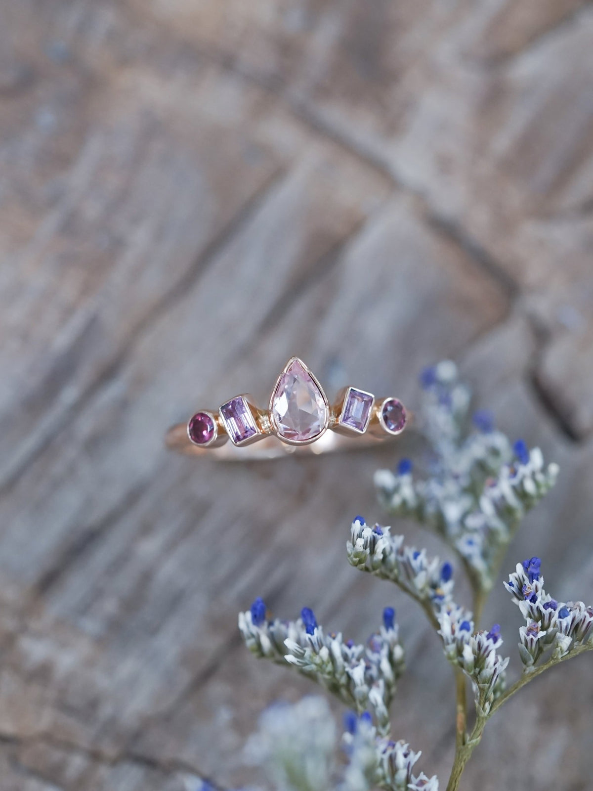 Blush Sapphire and Garnet Ring in Ethical Rose Gold - Gardens of the Sun | Ethical Jewelry