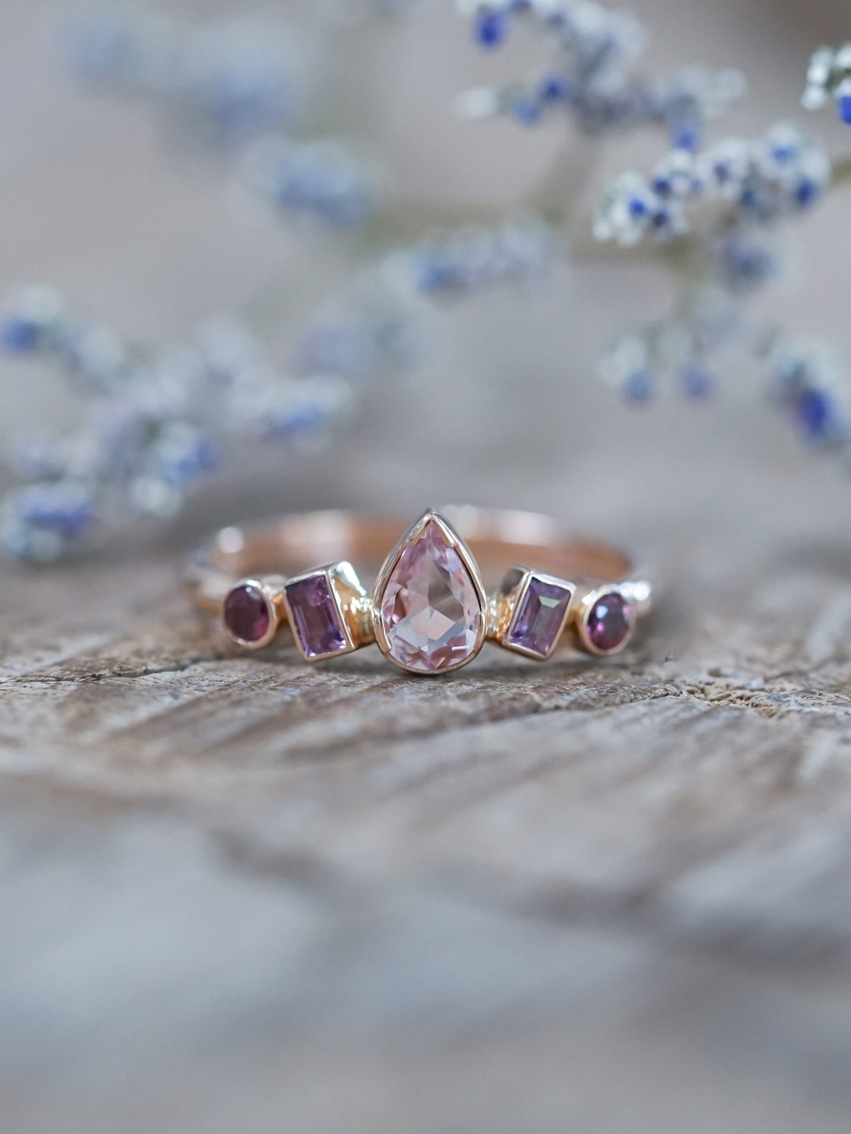 Blush Sapphire and Garnet Ring in Ethical Rose Gold - Gardens of the Sun | Ethical Jewelry