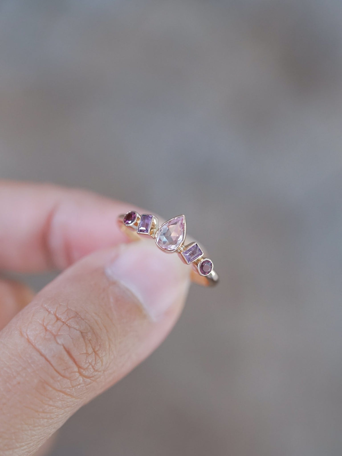 Blush Sapphire and Garnet Ring in Ethical Rose Gold - Gardens of the Sun | Ethical Jewelry