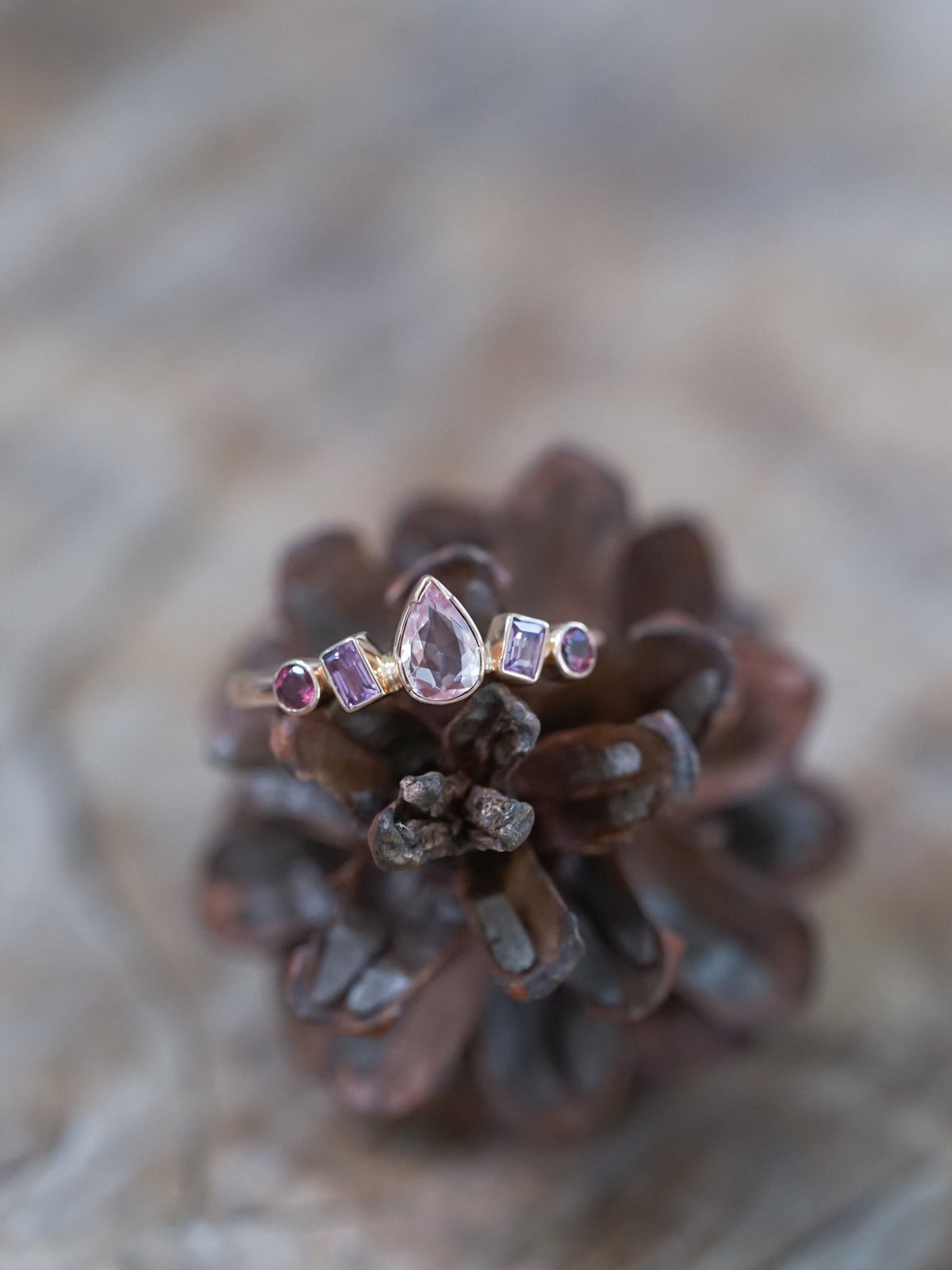 Blush Sapphire and Garnet Ring in Ethical Rose Gold - Gardens of the Sun | Ethical Jewelry