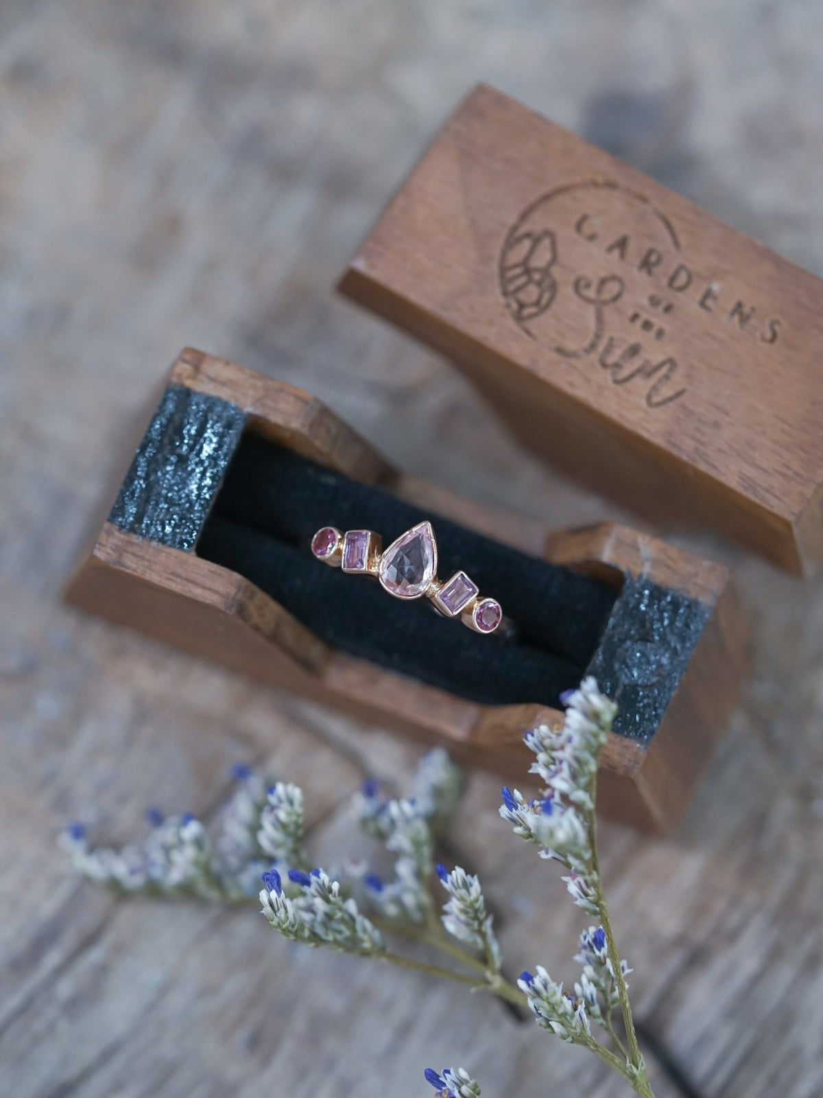Blush Sapphire and Garnet Ring in Ethical Rose Gold - Gardens of the Sun | Ethical Jewelry