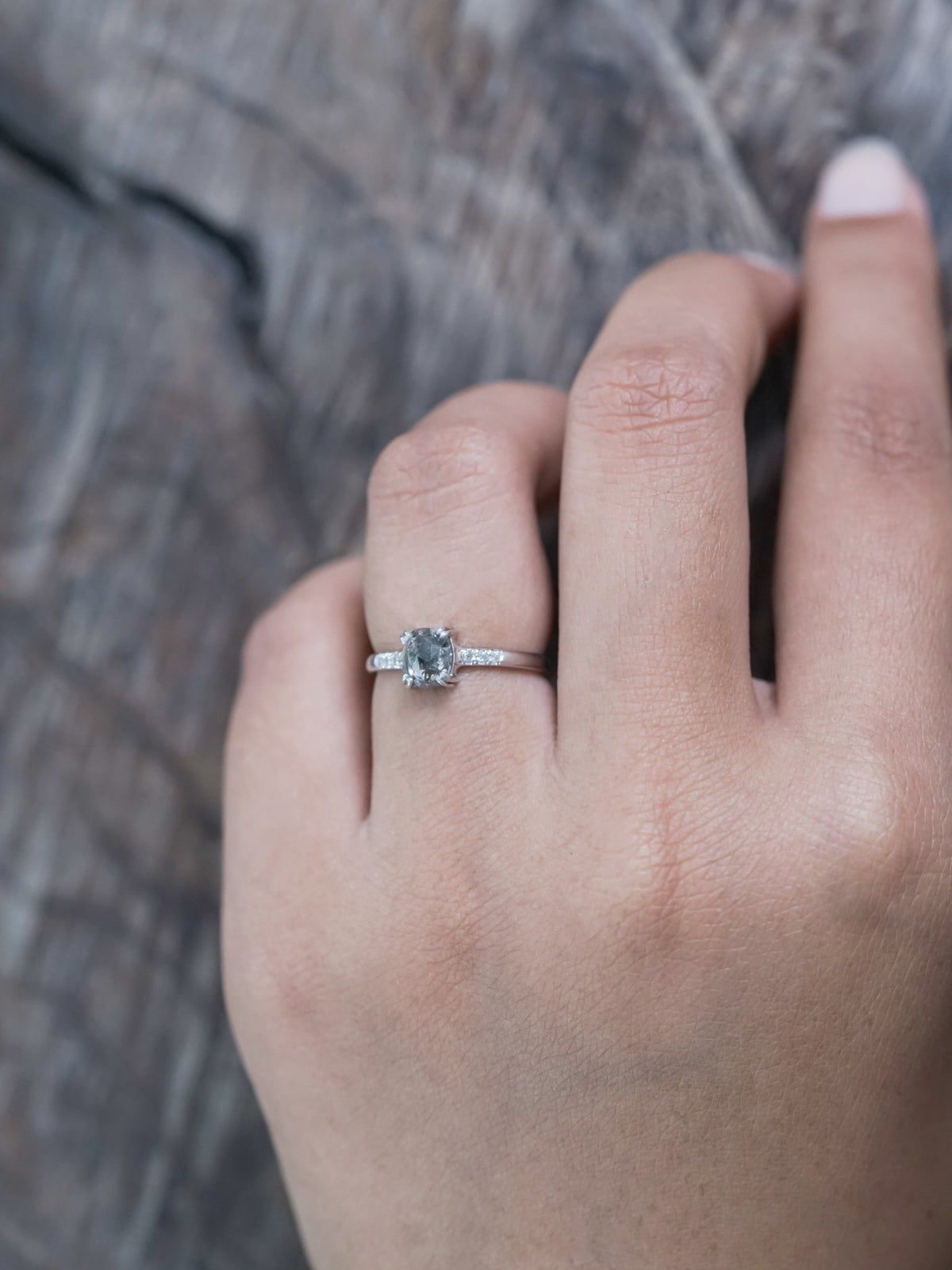 Cushion Cut Salt and Pepper Diamond Ring in White Gold - Gardens of the Sun | Ethical Jewelry