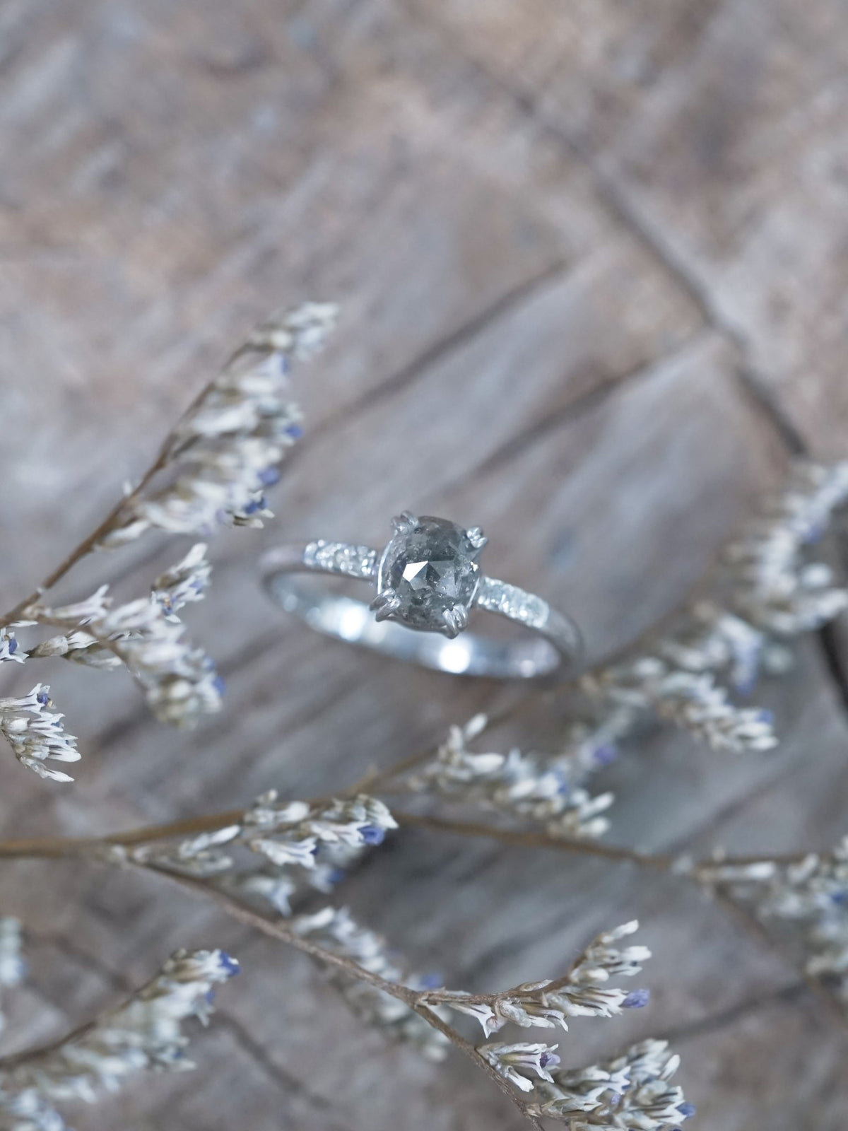Cushion Cut Salt and Pepper Diamond Ring in White Gold - Gardens of the Sun | Ethical Jewelry
