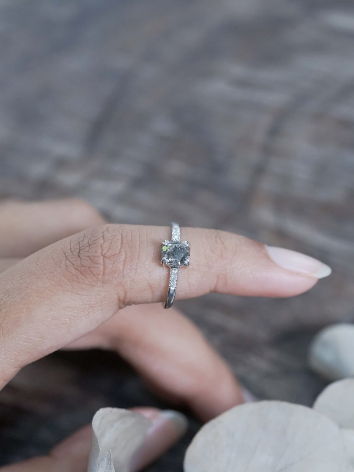 Cushion Cut Salt and Pepper Diamond Ring in White Gold - Gardens of the Sun | Ethical Jewelry
