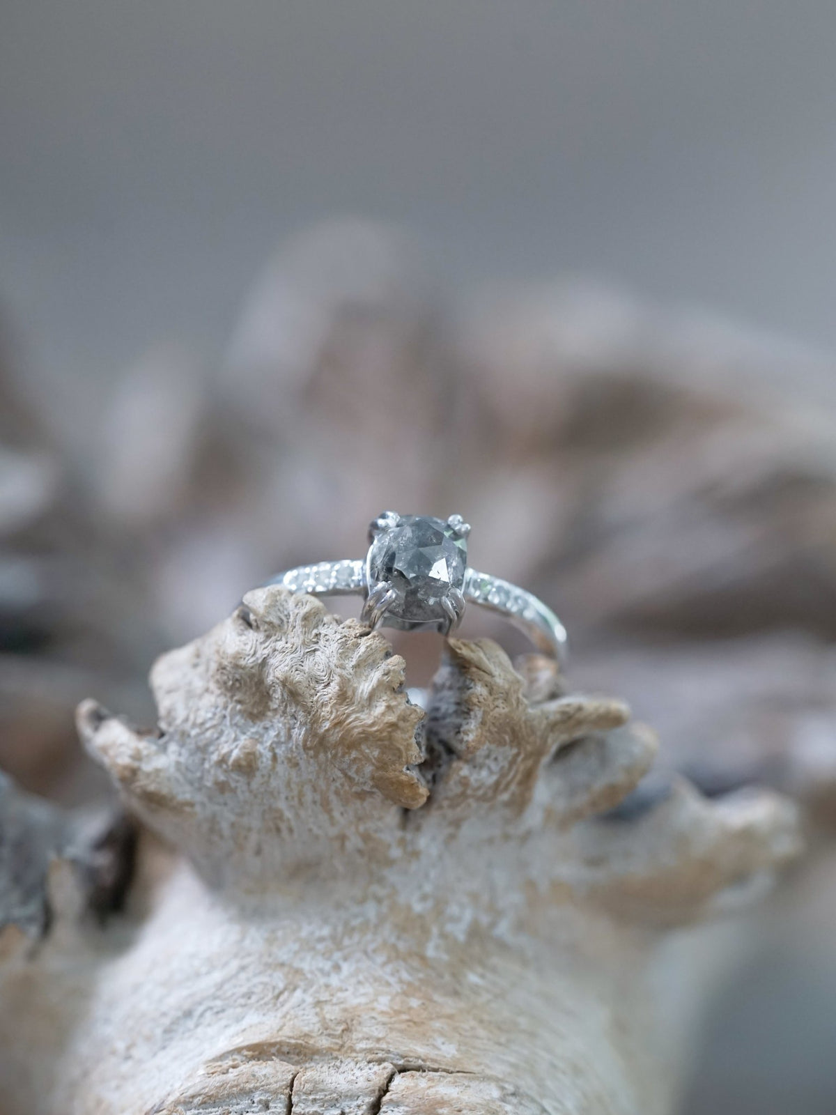 Cushion Cut Salt and Pepper Diamond Ring in White Gold - Gardens of the Sun | Ethical Jewelry