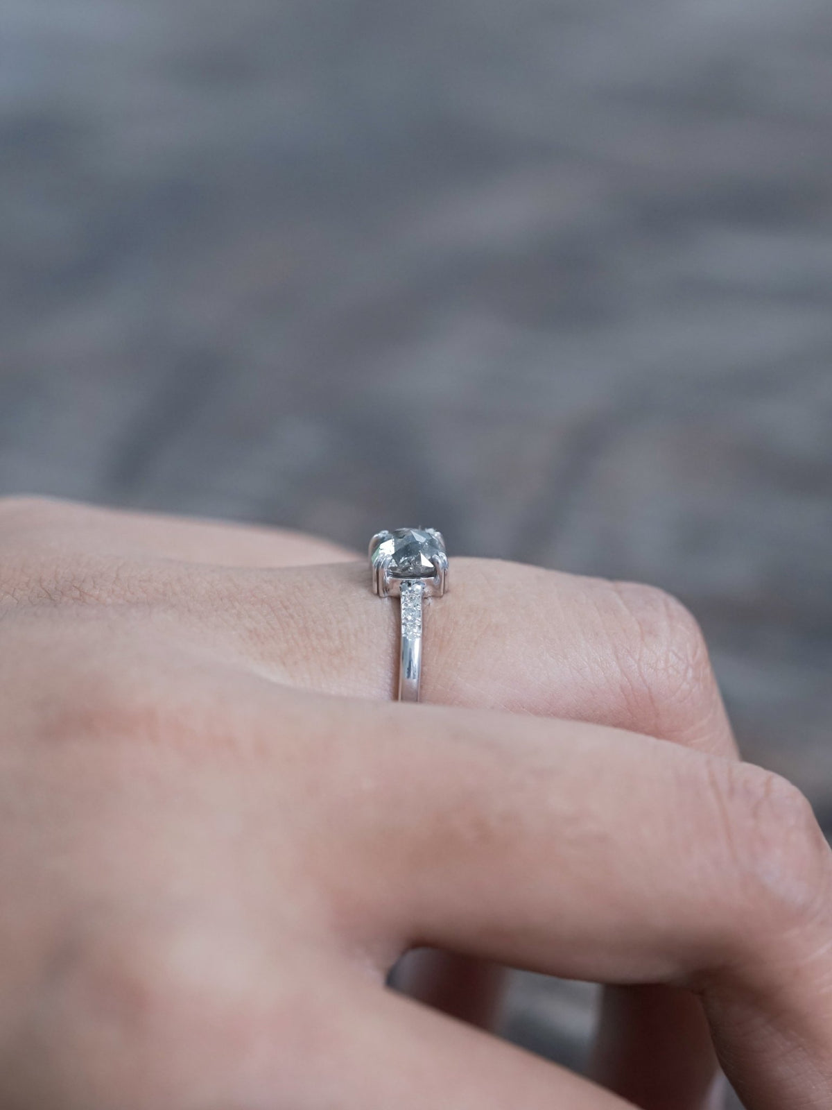 Cushion Cut Salt and Pepper Diamond Ring in White Gold - Gardens of the Sun | Ethical Jewelry