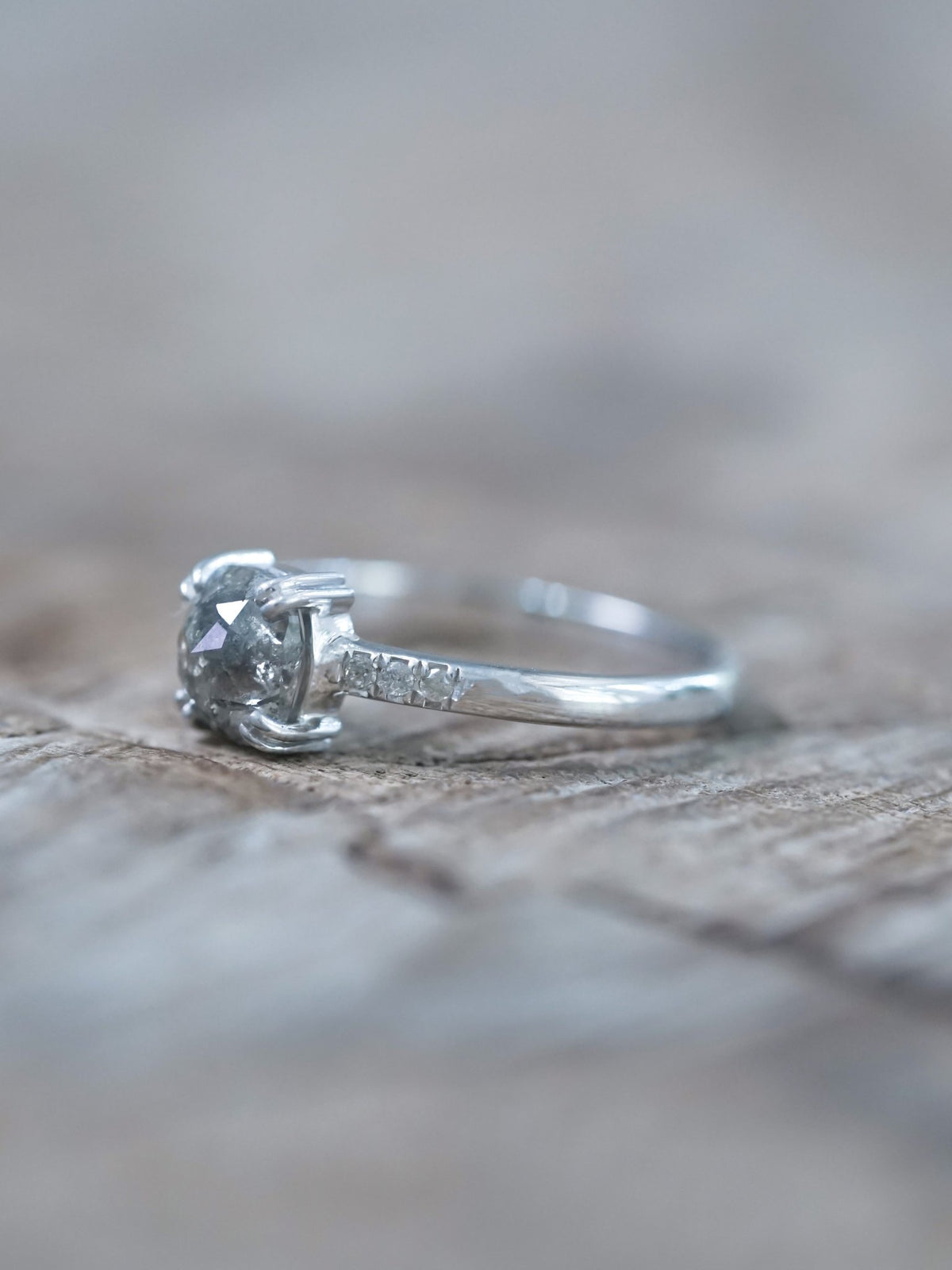 Cushion Cut Salt and Pepper Diamond Ring in White Gold - Gardens of the Sun | Ethical Jewelry