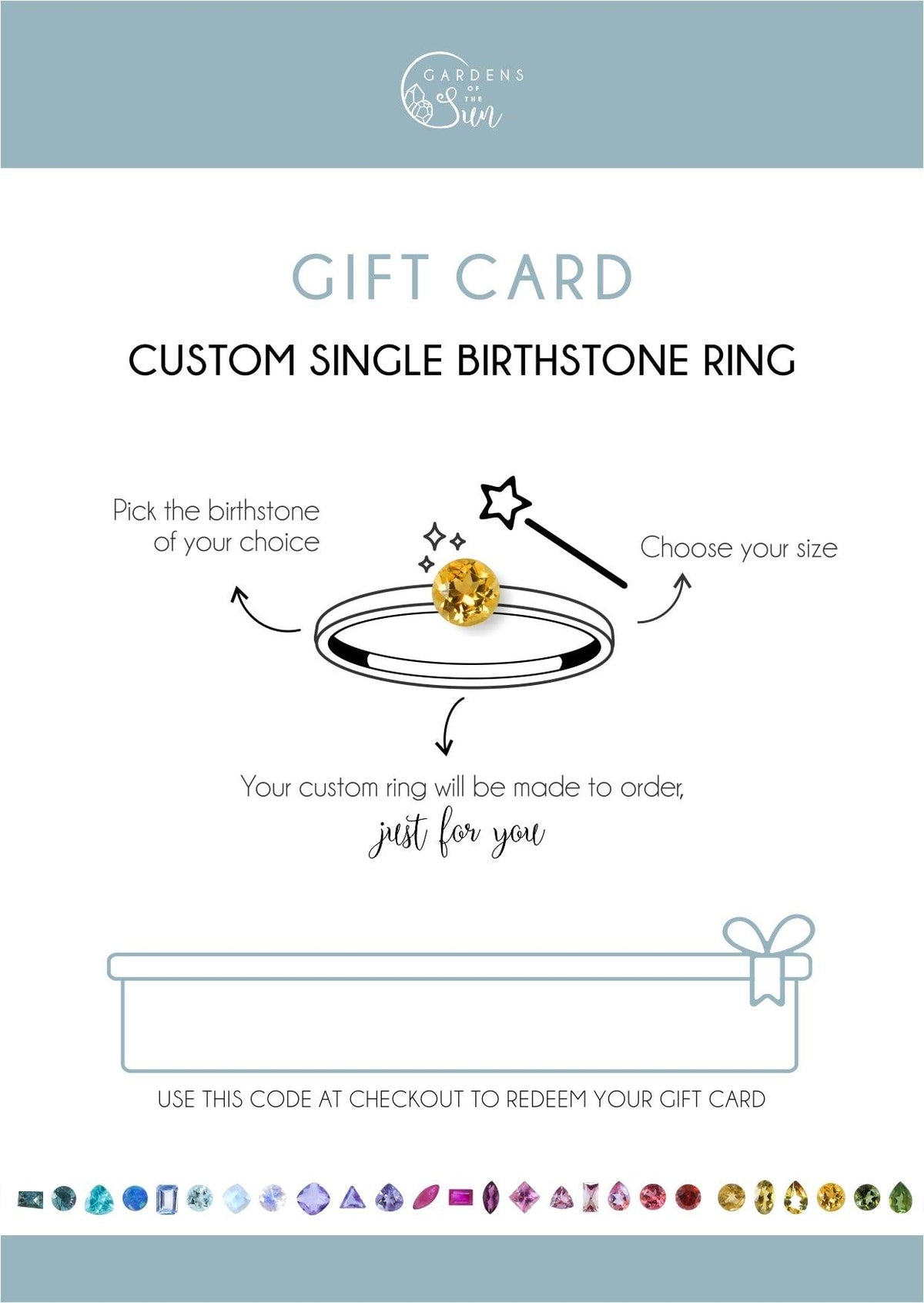 Custom Birthstone Jewelry Gift Card - Gardens of the Sun | Ethical Jewelry