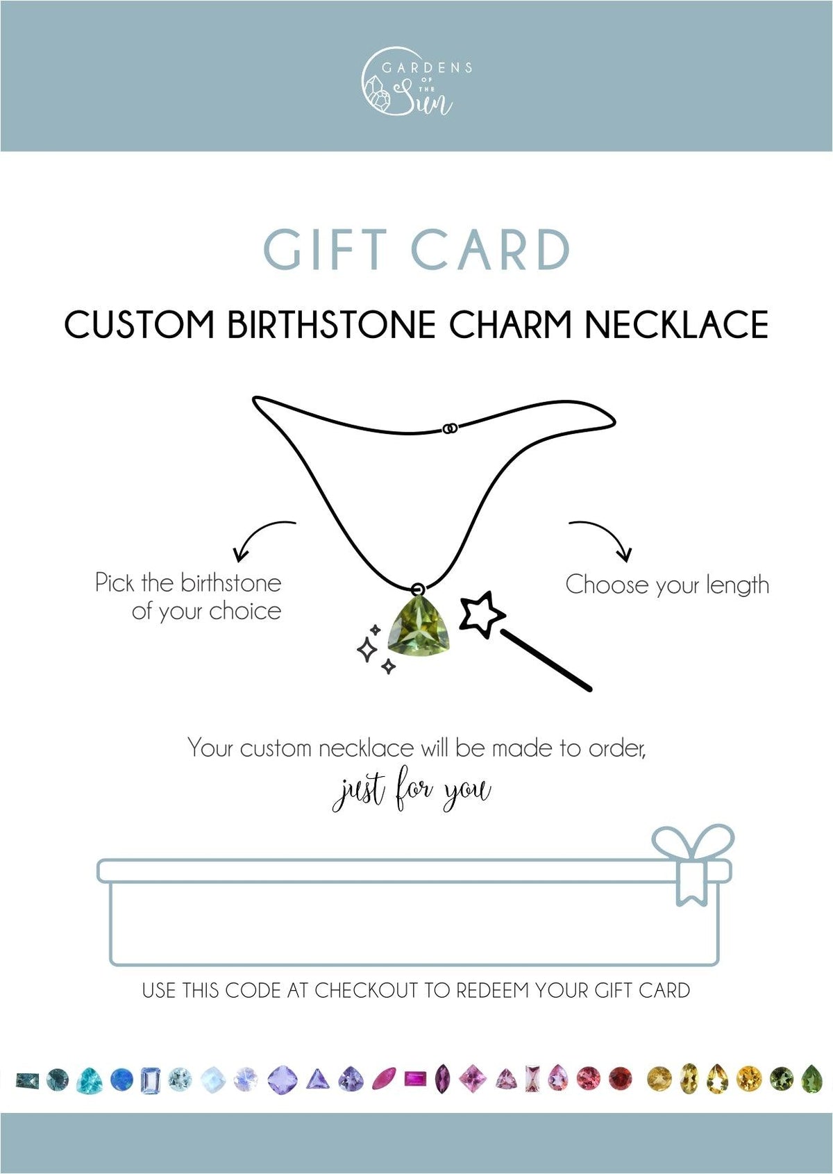 Custom Birthstone Jewelry Gift Card - Gardens of the Sun | Ethical Jewelry