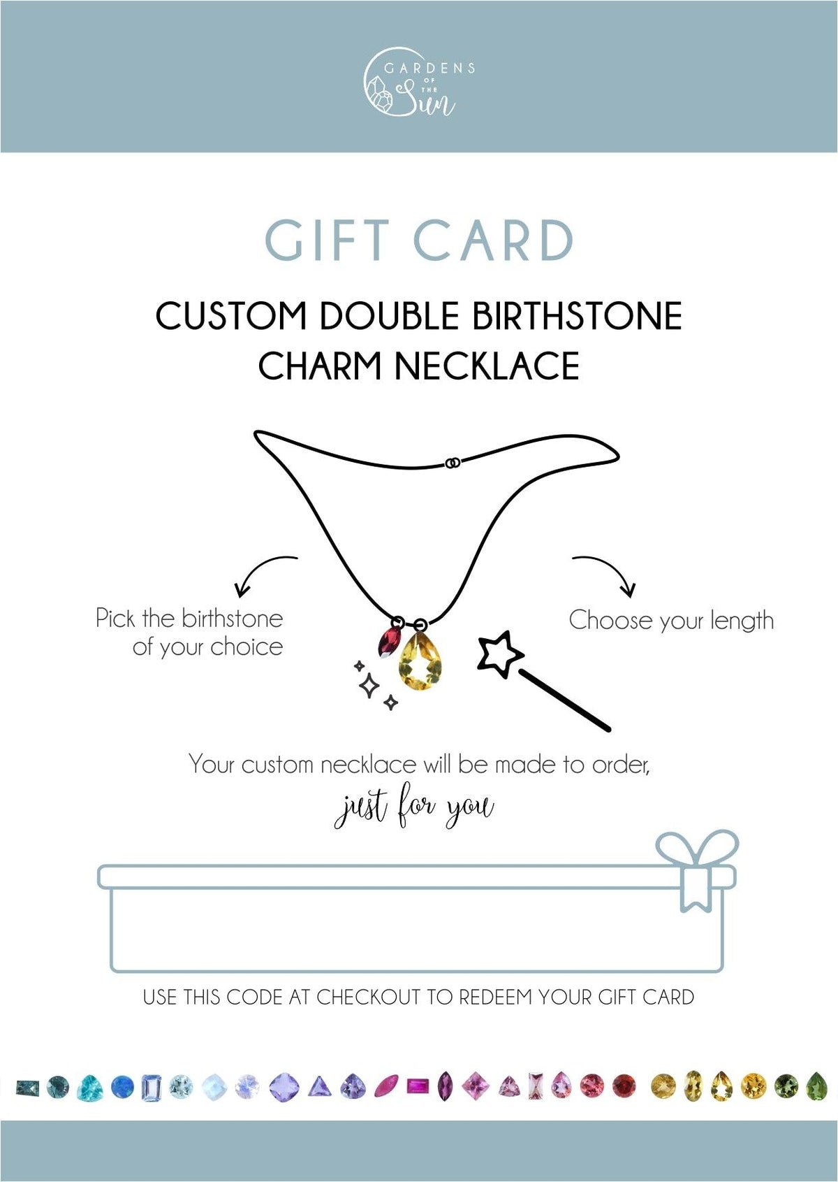 Custom Birthstone Jewelry Gift Card - Gardens of the Sun | Ethical Jewelry
