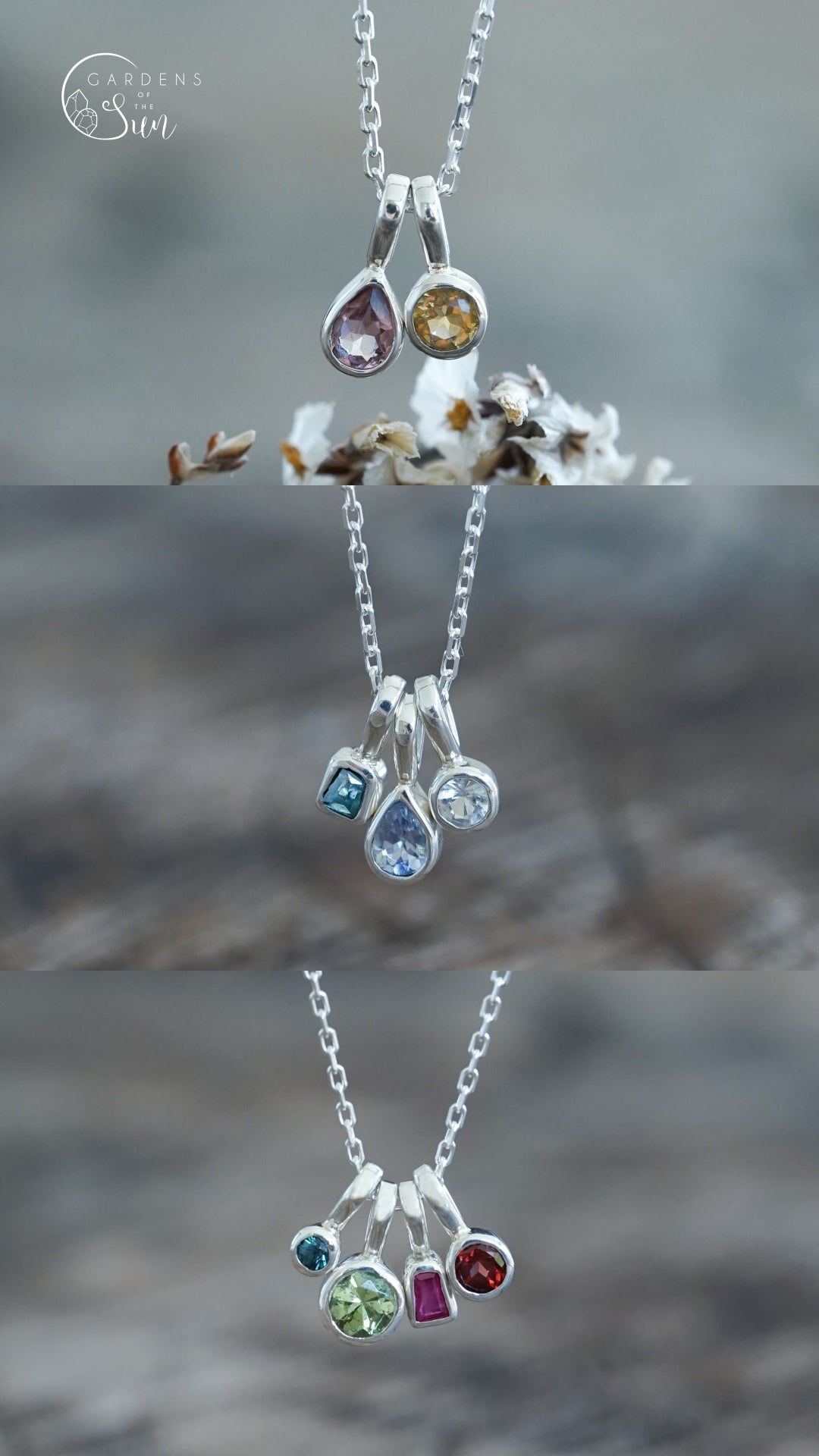 Antique Silver Square Family Birthstone Necklace and Personalized Pendant