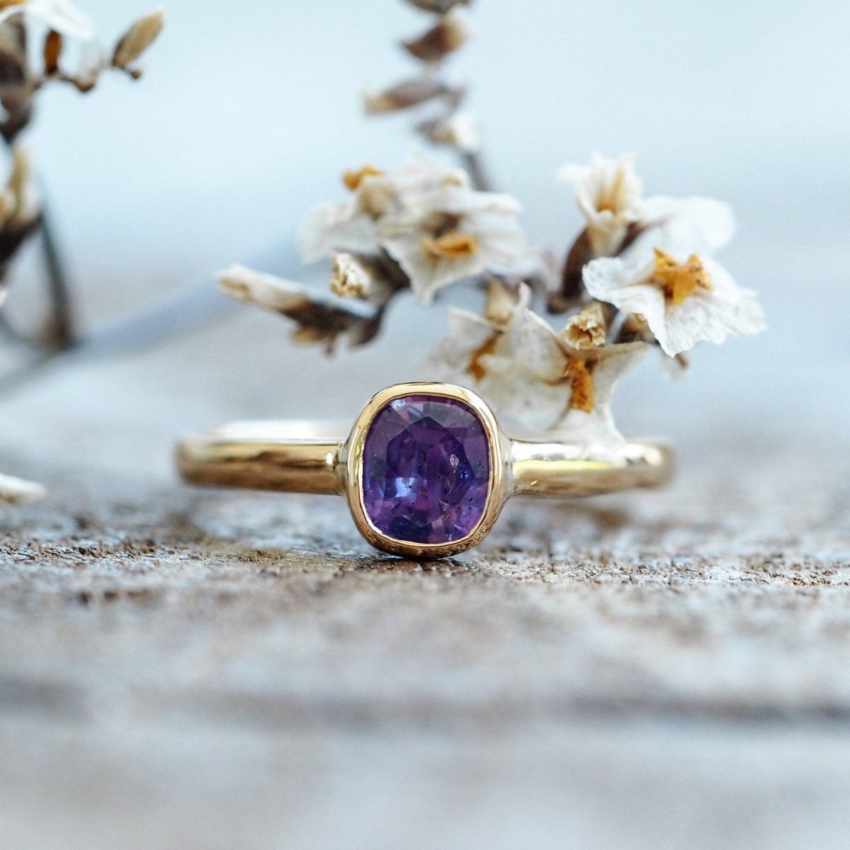 Custom Purple Sapphire Ring in Gold- Gardens of the Sun | Ethical Jewelry