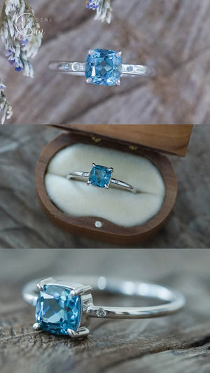 Elongated Cushion-Cut Blue Topaz & Diamond Halo Ring in 10k White Gold