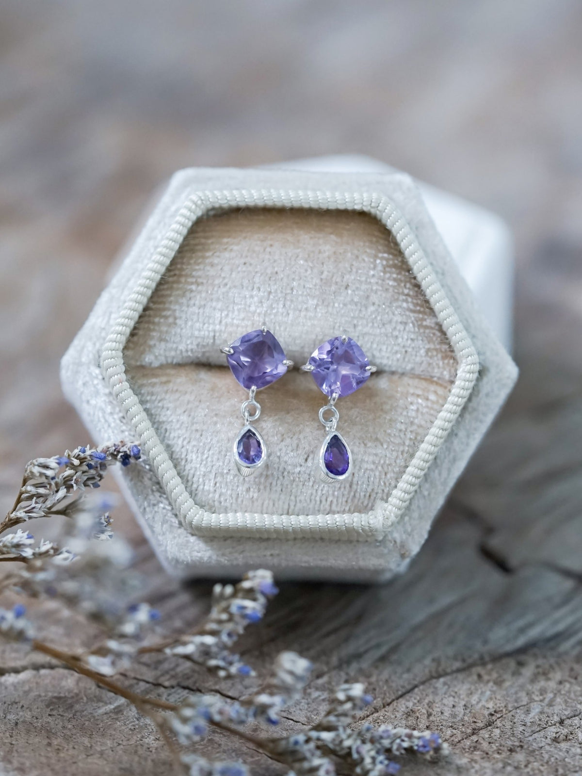Dangling Amethyst Earrings - Gardens of the Sun | Ethical Jewelry