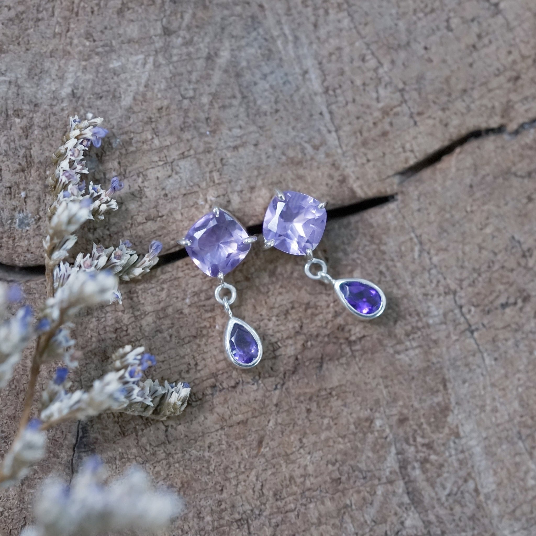 Amethyst statement hot earrings with sterling silver fringe/ diamond shaped stones/ purple stone dangly earrings/ ready to ship