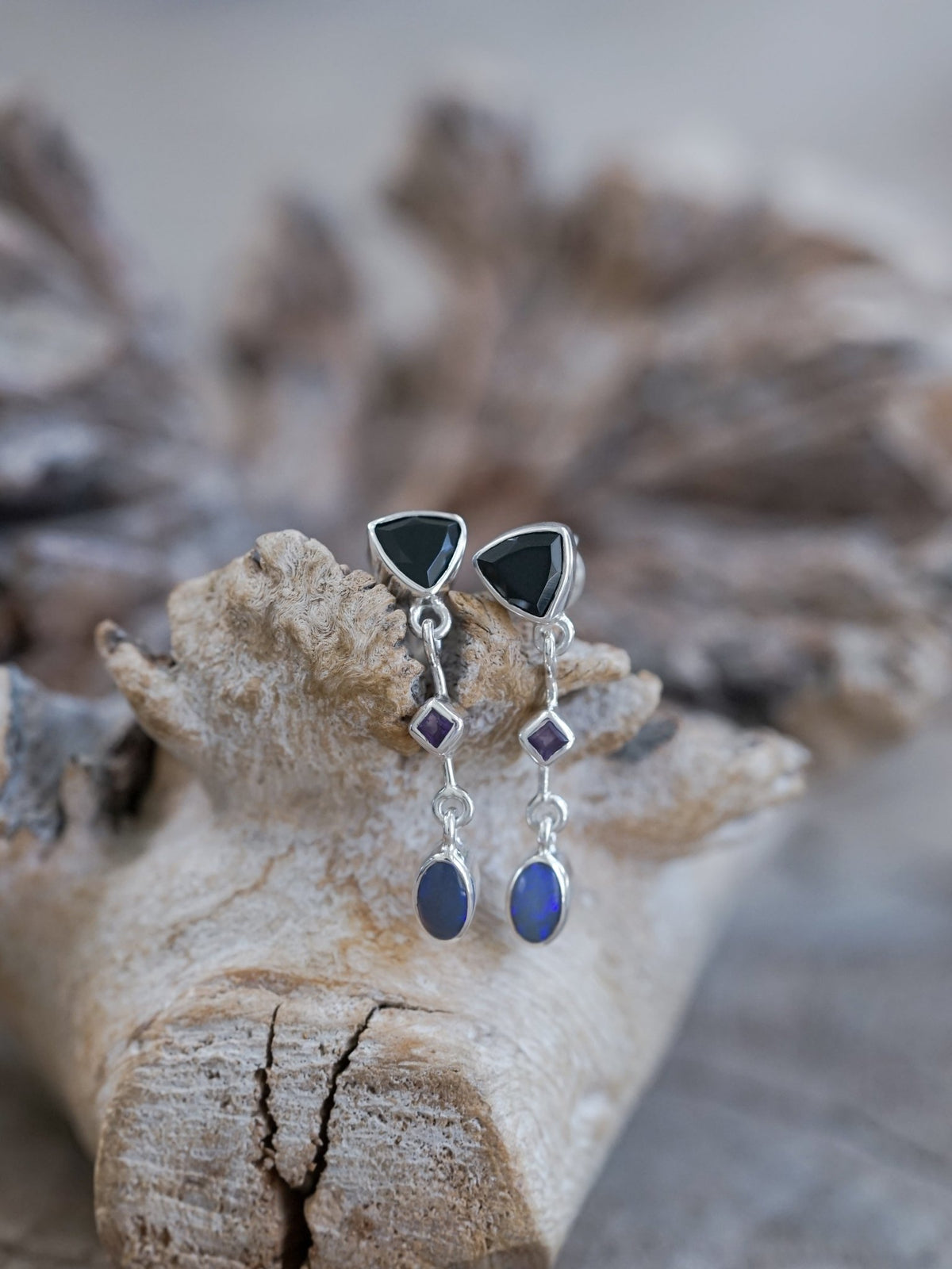 Dark Matter Spinel, Amethyst and Opal Earrings - Gardens of the Sun | Ethical Jewelry