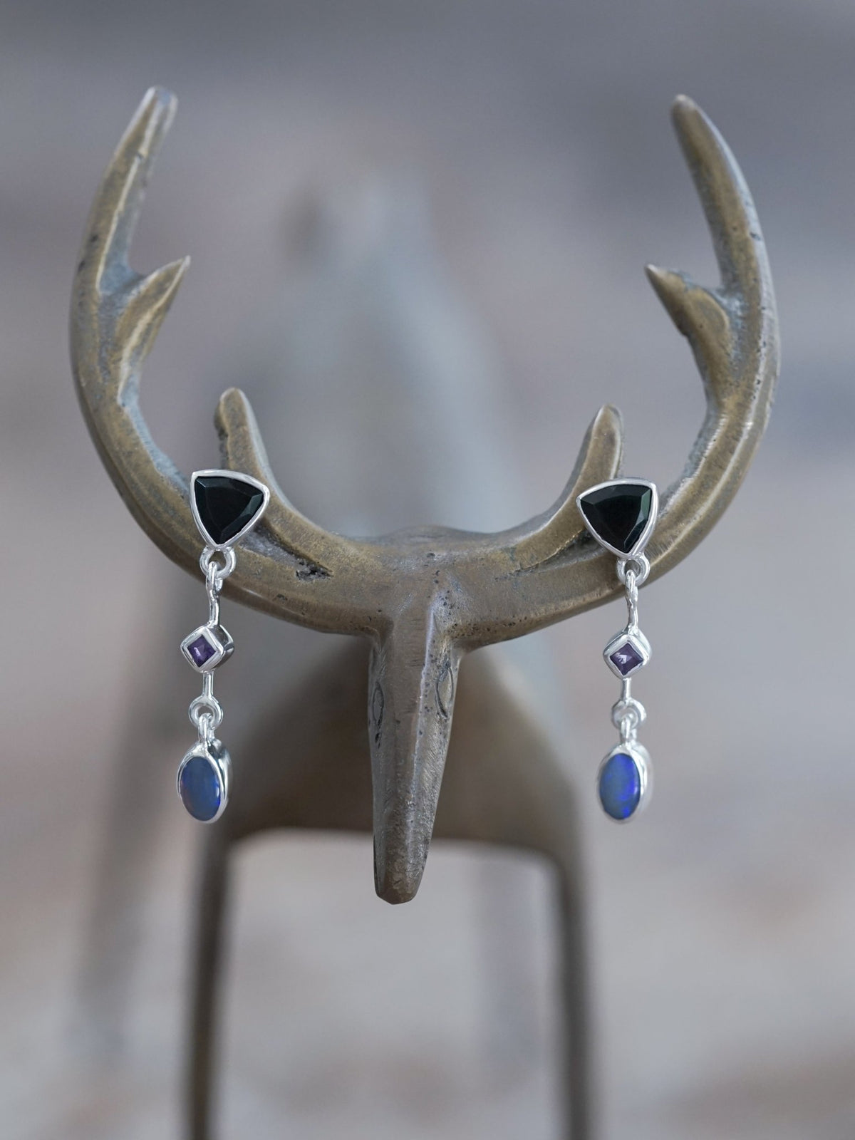 Dark Matter Spinel, Amethyst and Opal Earrings - Gardens of the Sun | Ethical Jewelry