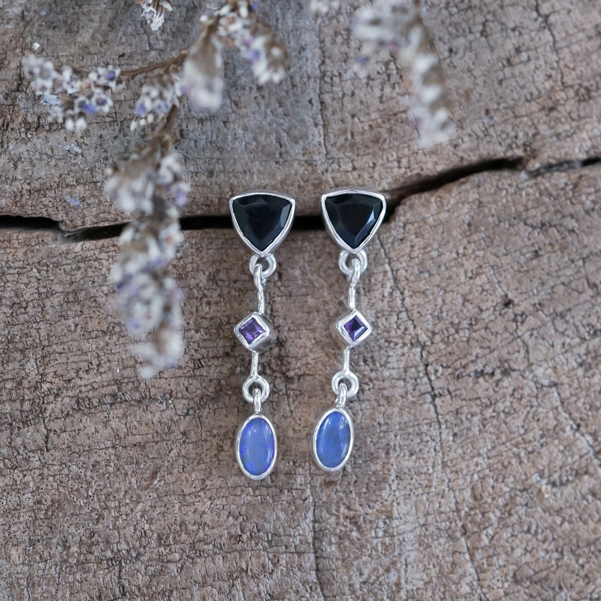 Dark Matter Spinel, Amethyst and Opal Earrings - Gardens of the Sun | Ethical Jewelry