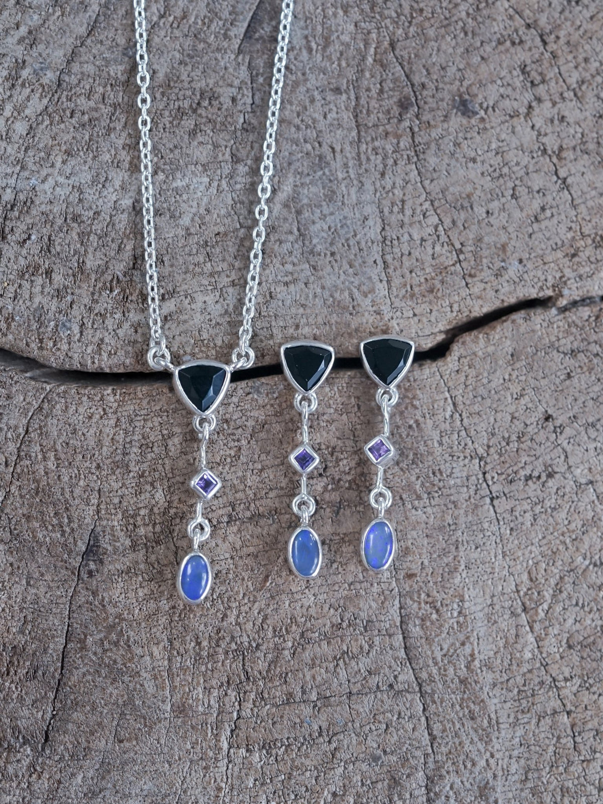 Dark Matter Spinel, Amethyst and Opal Earrings - Gardens of the Sun | Ethical Jewelry