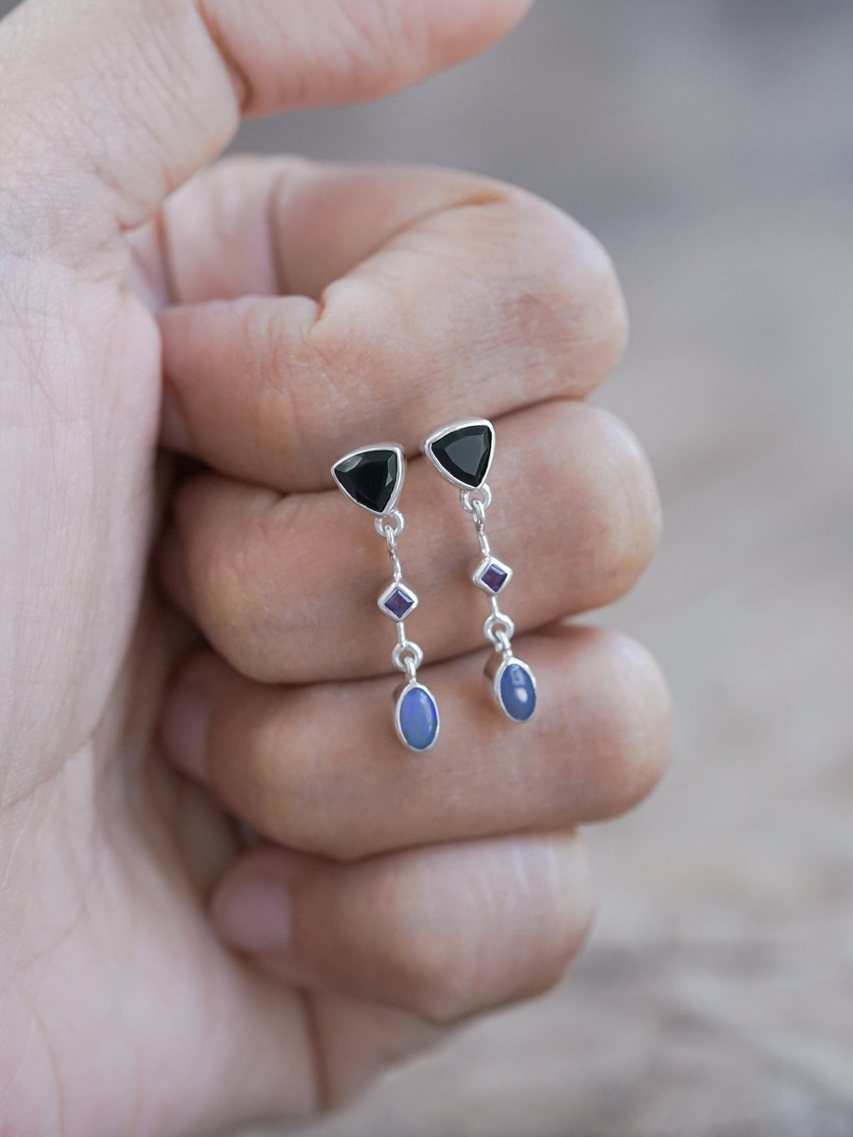 Dark Matter Spinel, Amethyst and Opal Earrings - Gardens of the Sun | Ethical Jewelry