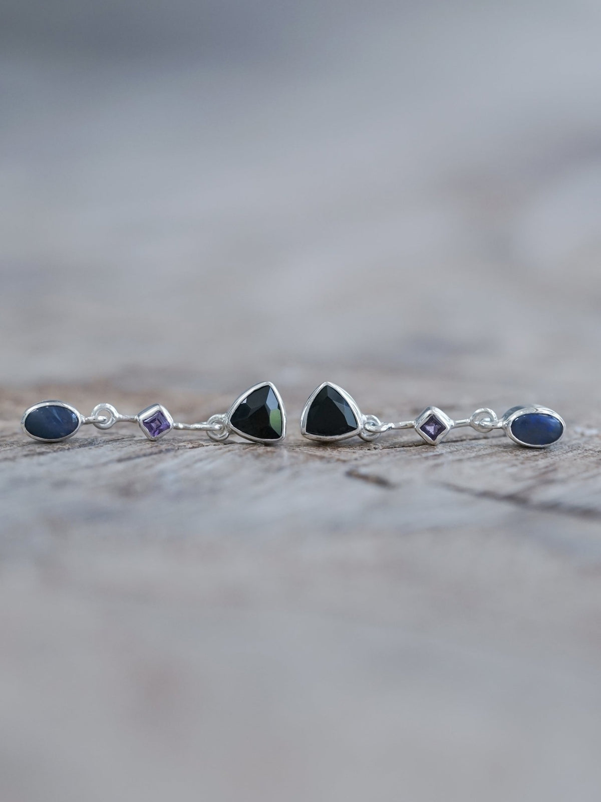 Dark Matter Spinel, Amethyst and Opal Earrings - Gardens of the Sun | Ethical Jewelry
