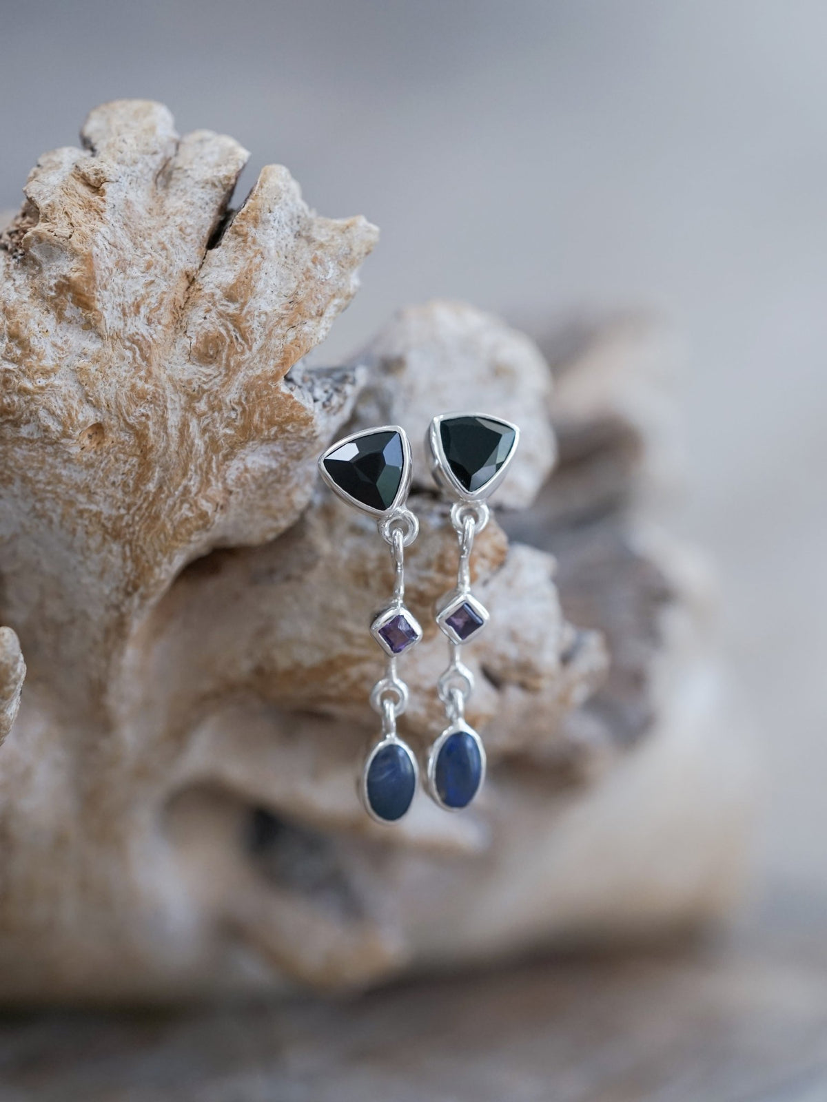 Dark Matter Spinel, Amethyst and Opal Earrings - Gardens of the Sun | Ethical Jewelry