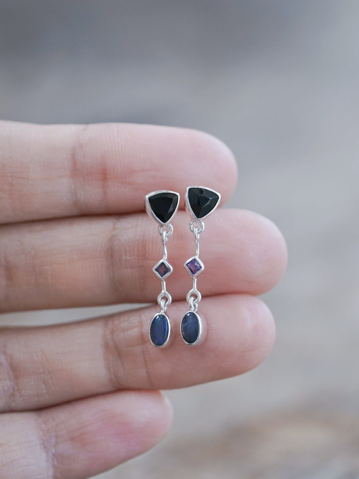 Dark Matter Spinel, Amethyst and Opal Earrings - Gardens of the Sun | Ethical Jewelry