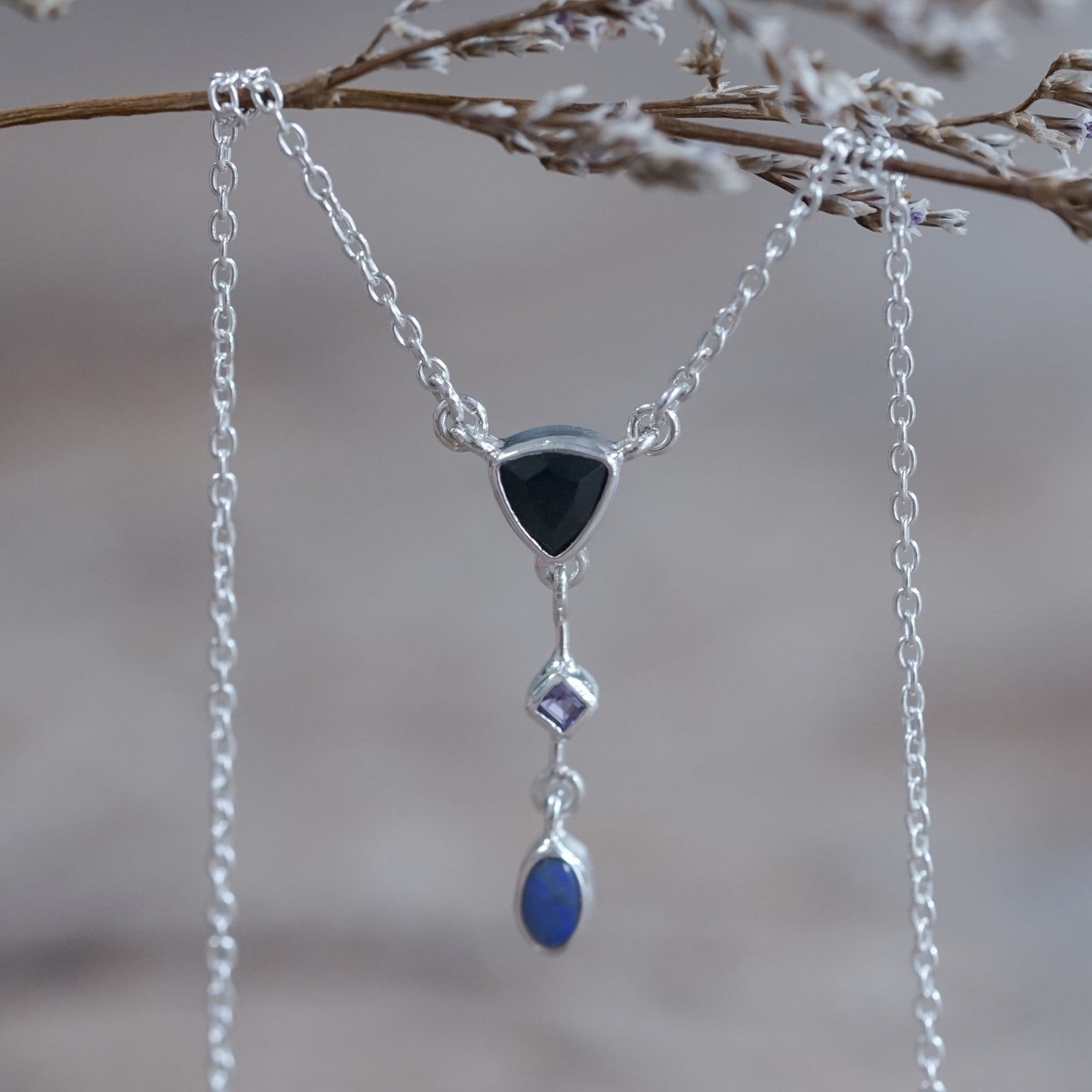Dark Matter Spinel, Amethyst and Opal Necklace - Gardens of the Sun | Ethical Jewelry