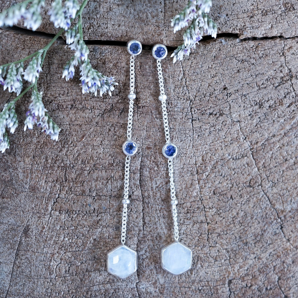 Day Constellation Moonstone and Iolite Earrings - Gardens of the Sun | Ethical Jewelry