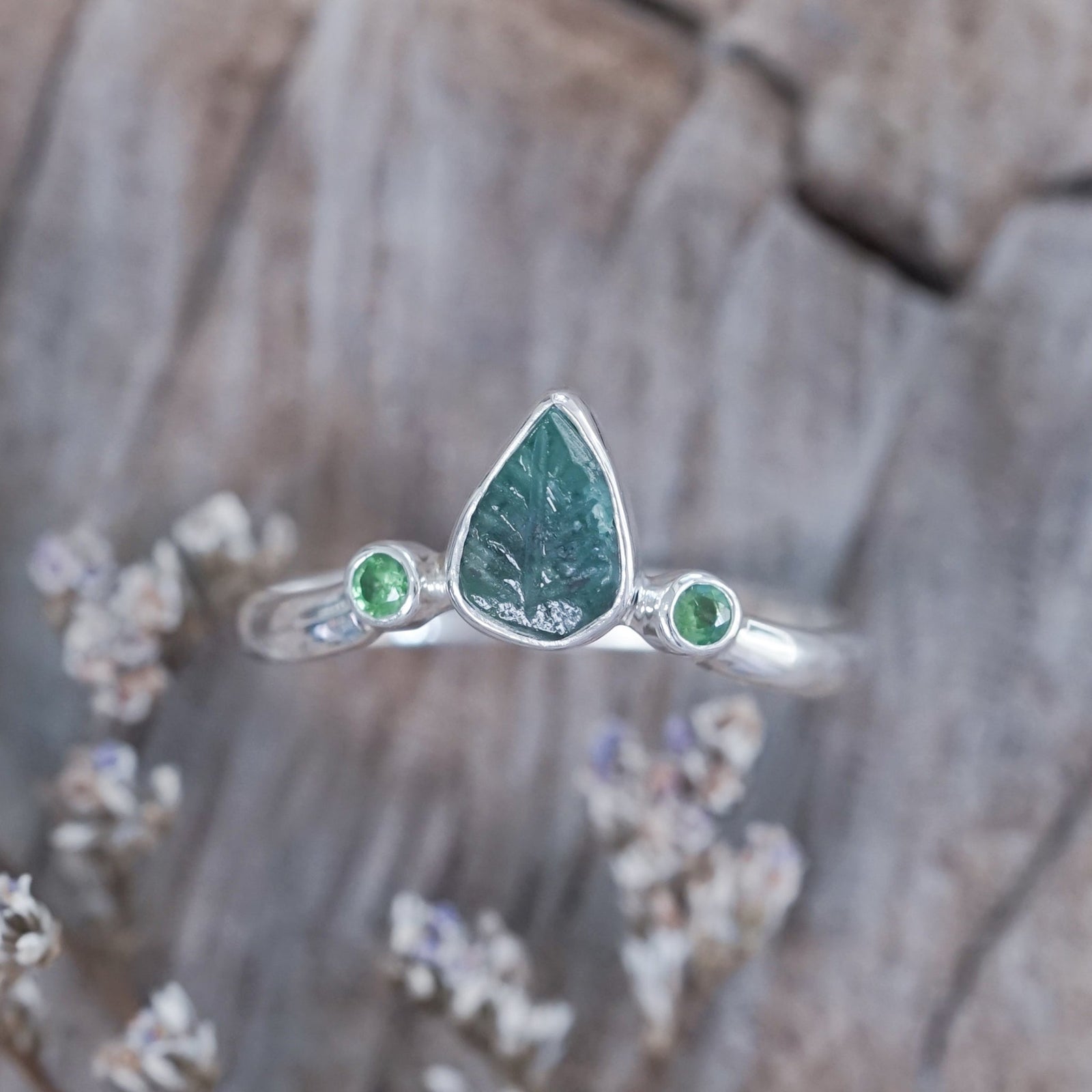 Emerald Leaf and Green Garnet Ring - Gardens of the Sun | Ethical Jewelry