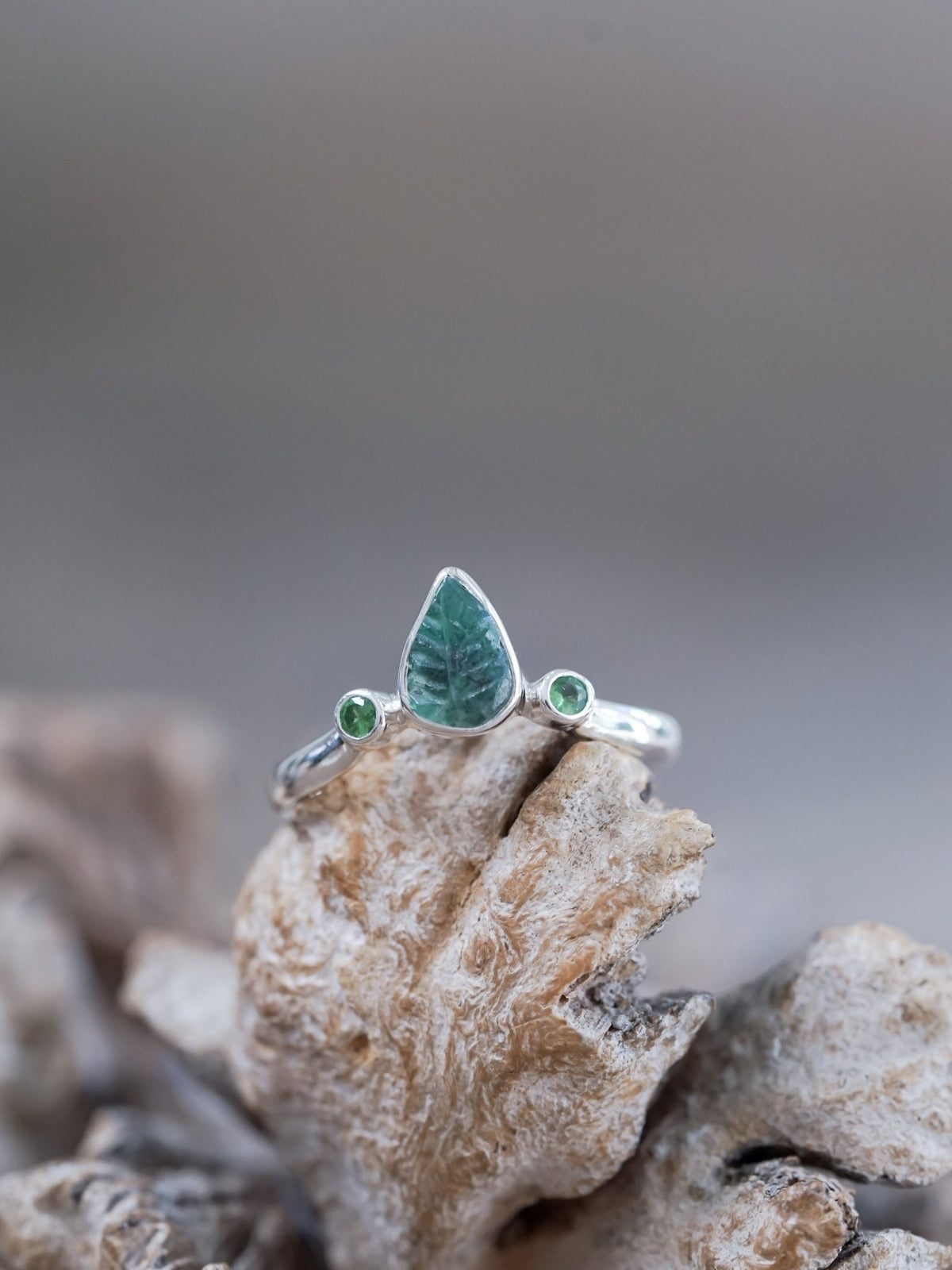Emerald Leaf and Green Garnet Ring - Gardens of the Sun | Ethical Jewelry