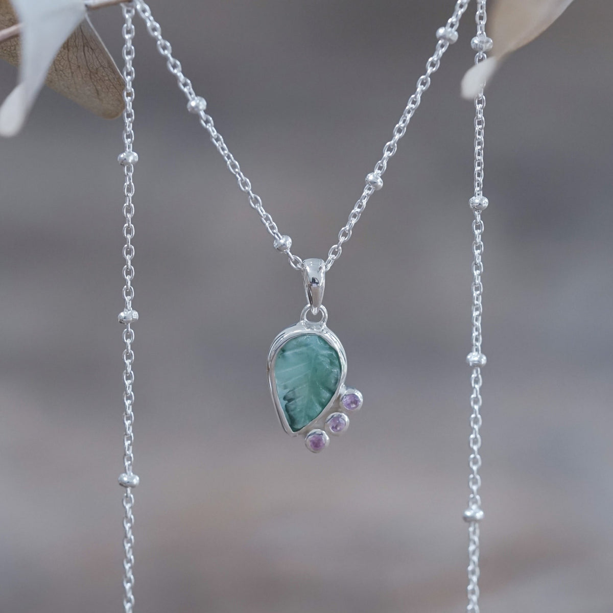 Emerald Leaf and Pink Sapphire Necklace - Gardens of the Sun | Ethical Jewelry