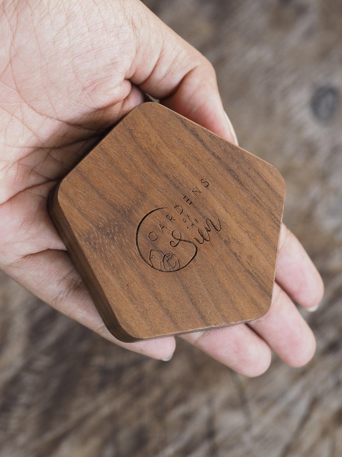 Geometric Wooden Ring Box in Walnut - Gardens of the Sun | Ethical Jewelry
