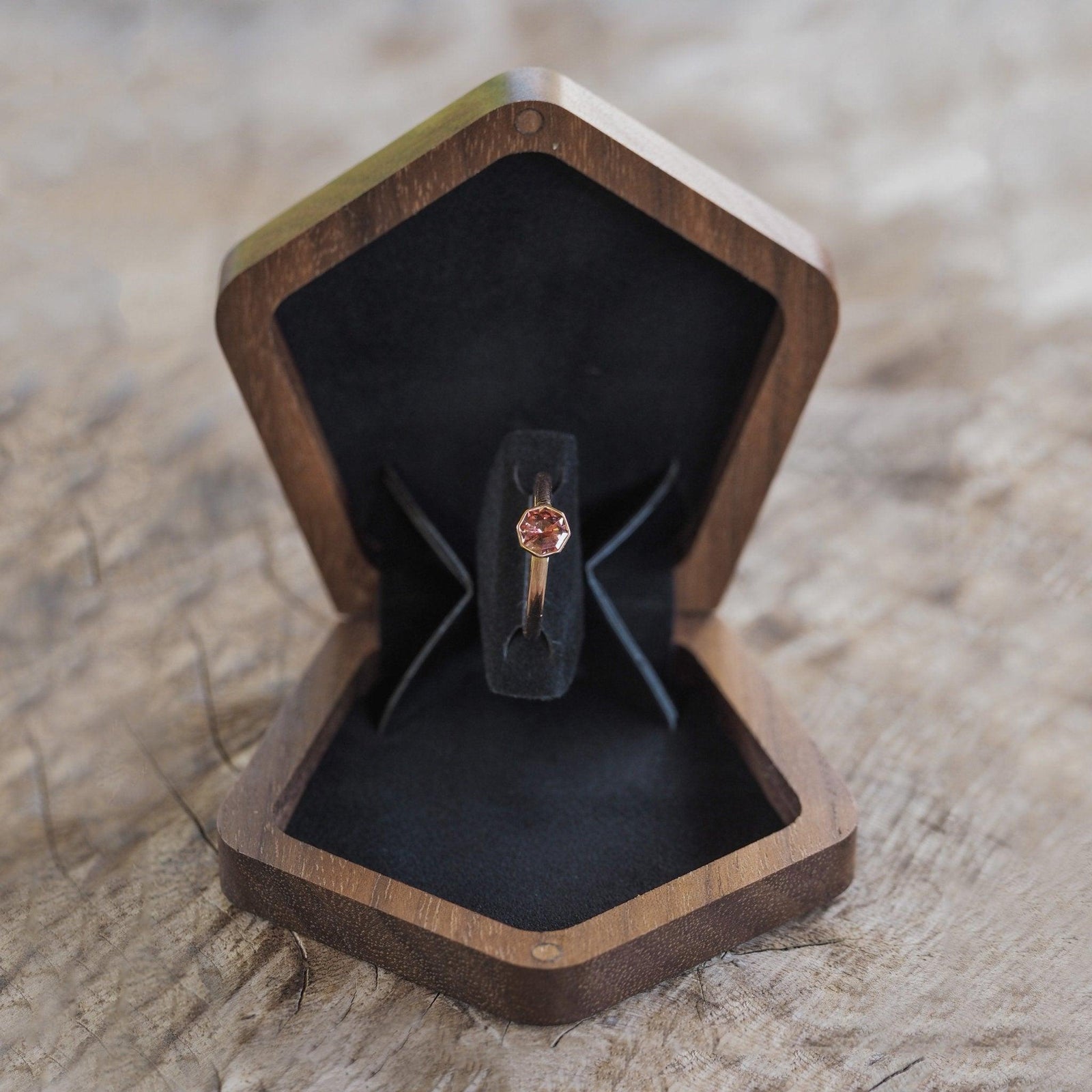 Geometric Wooden Ring Box in Walnut - Gardens of the Sun | Ethical Jewelry