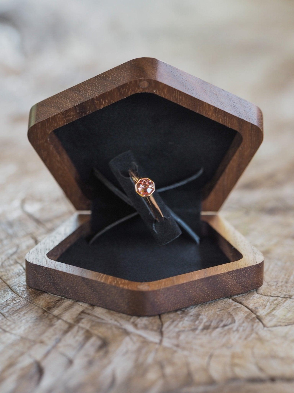 Geometric Wooden Ring Box in Walnut - Gardens of the Sun | Ethical Jewelry