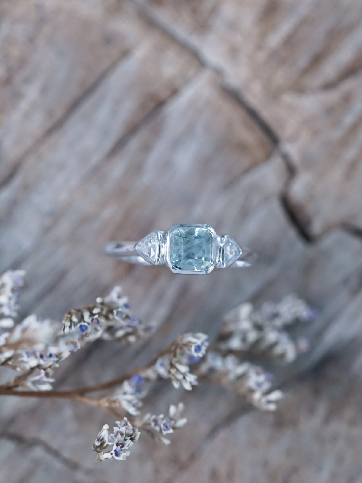 Green Sapphire and Triangle Diamond Ring in Ethical White Gold - Gardens of the Sun | Ethical Jewelry