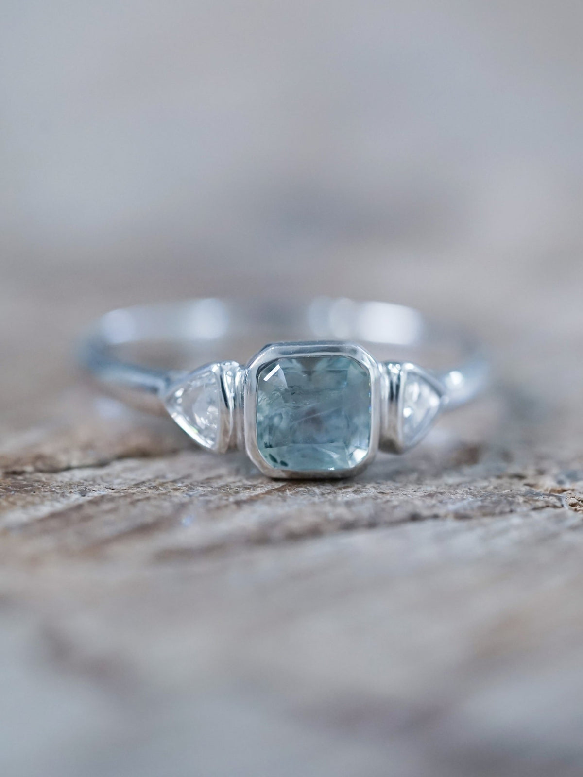 Green Sapphire and Triangle Diamond Ring in Ethical White Gold - Gardens of the Sun | Ethical Jewelry