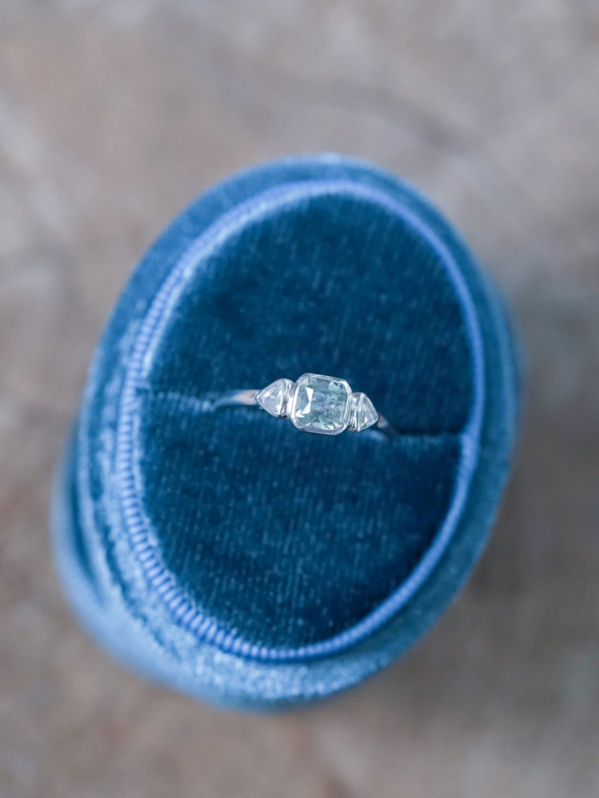 Green Sapphire and Triangle Diamond Ring in Ethical White Gold - Gardens of the Sun | Ethical Jewelry