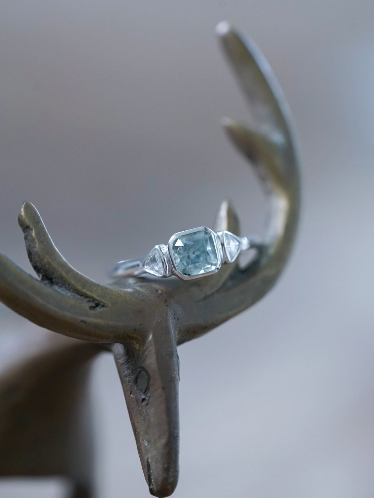 Green Sapphire and Triangle Diamond Ring in Ethical White Gold - Gardens of the Sun | Ethical Jewelry