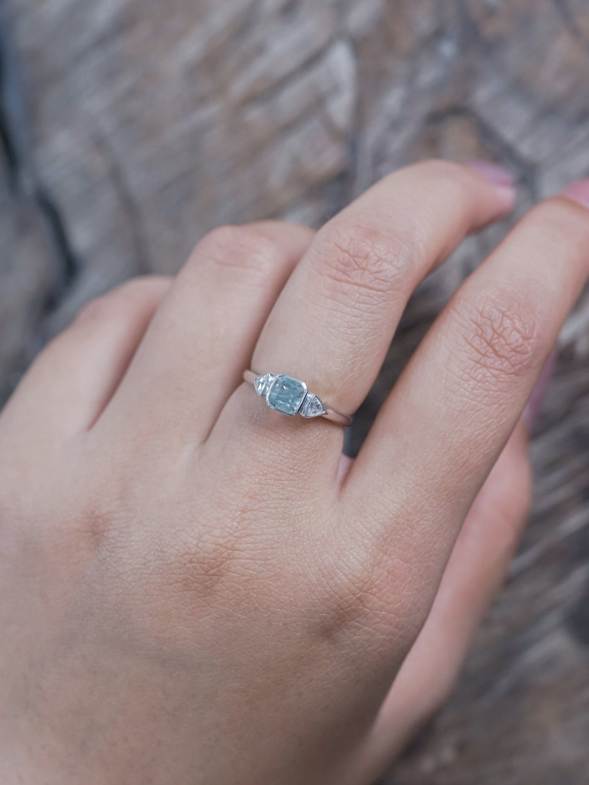Green Sapphire and Triangle Diamond Ring in Ethical White Gold - Gardens of the Sun | Ethical Jewelry
