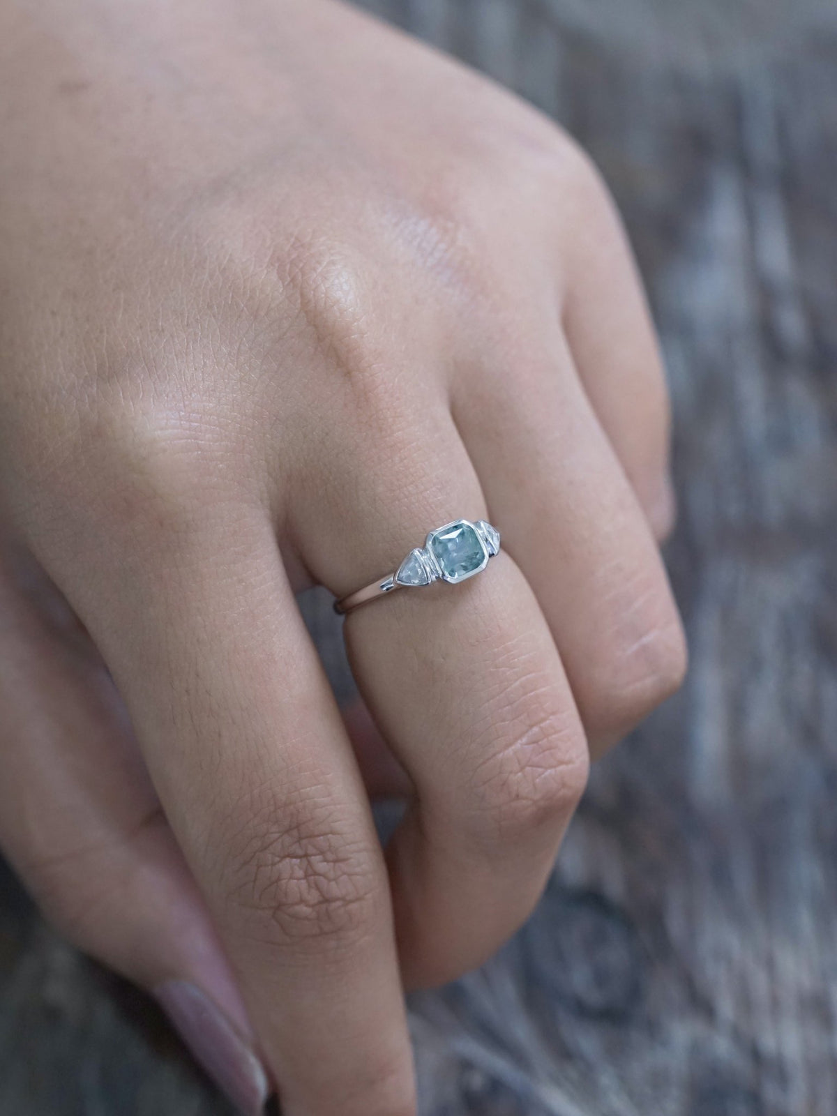 Green Sapphire and Triangle Diamond Ring in Ethical White Gold - Gardens of the Sun | Ethical Jewelry
