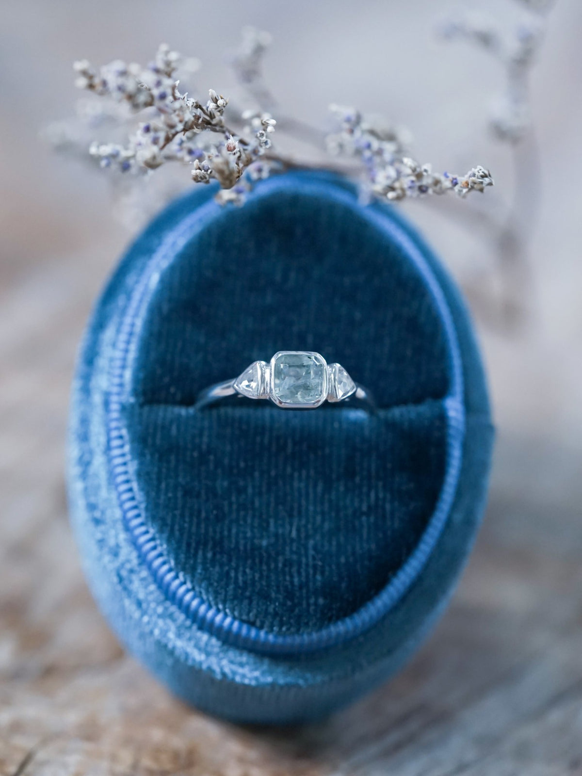 Green Sapphire and Triangle Diamond Ring in Ethical White Gold - Gardens of the Sun | Ethical Jewelry